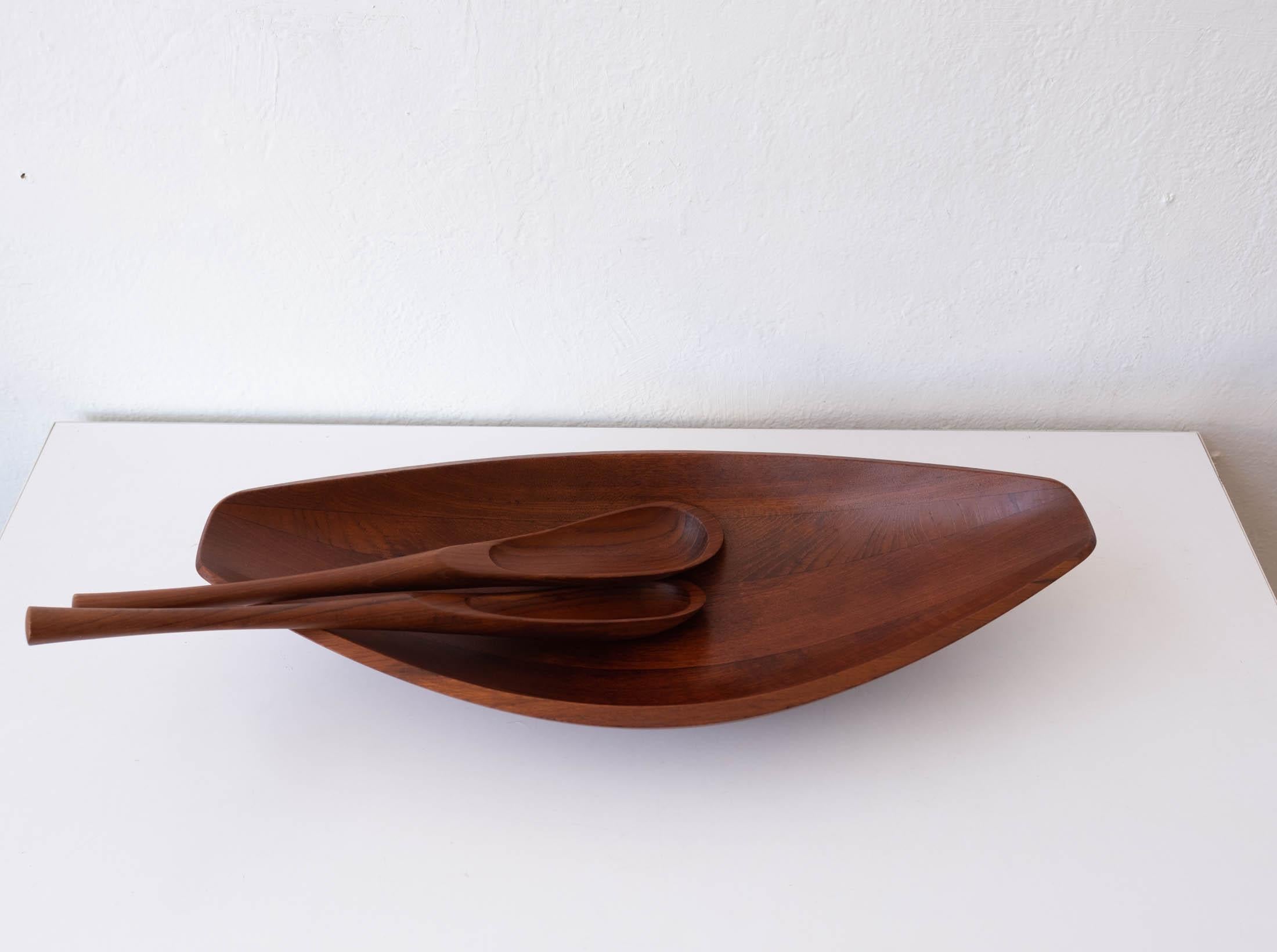 Teak Sculptural Canoe Bowl and Tongs by Jens Quistgaard for Dansk 1