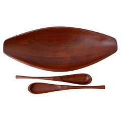 Teak Sculptural Canoe Bowl and Tongs by Jens Quistgaard for Dansk