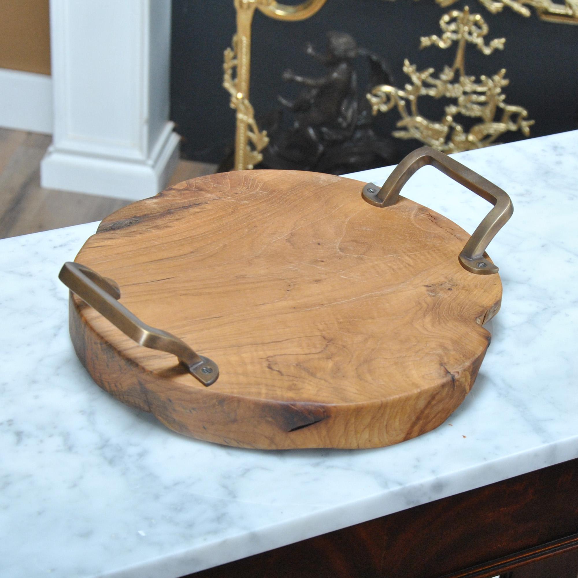 Hand-Carved Teak Serving Platter – Brass Handles For Sale