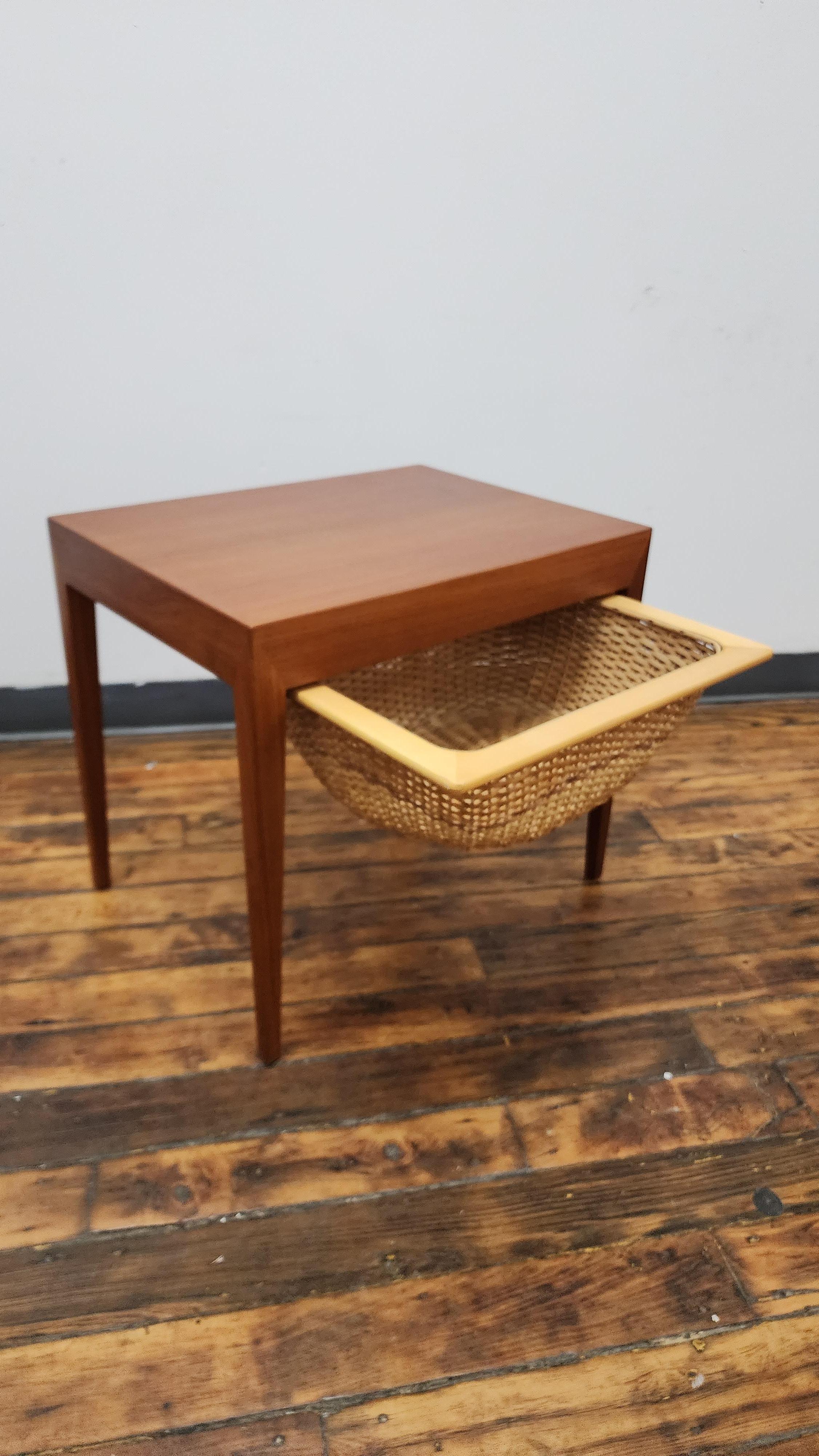 Cane Teak Sewing Side Table by Severin Hansen for Haslev