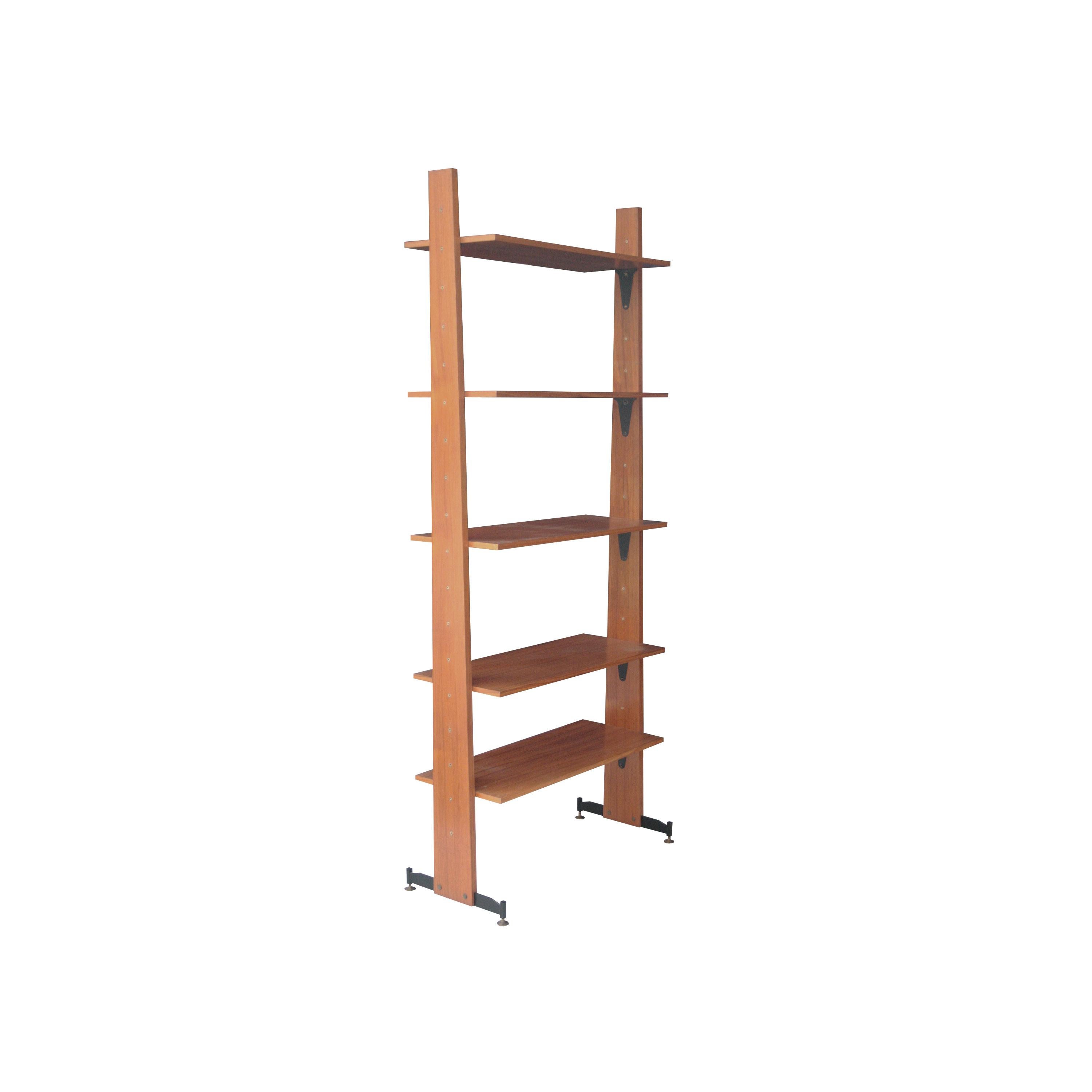 Teak shelf with adjustable shelves in height, black lacquered metal feet and brass height adjustable pads.