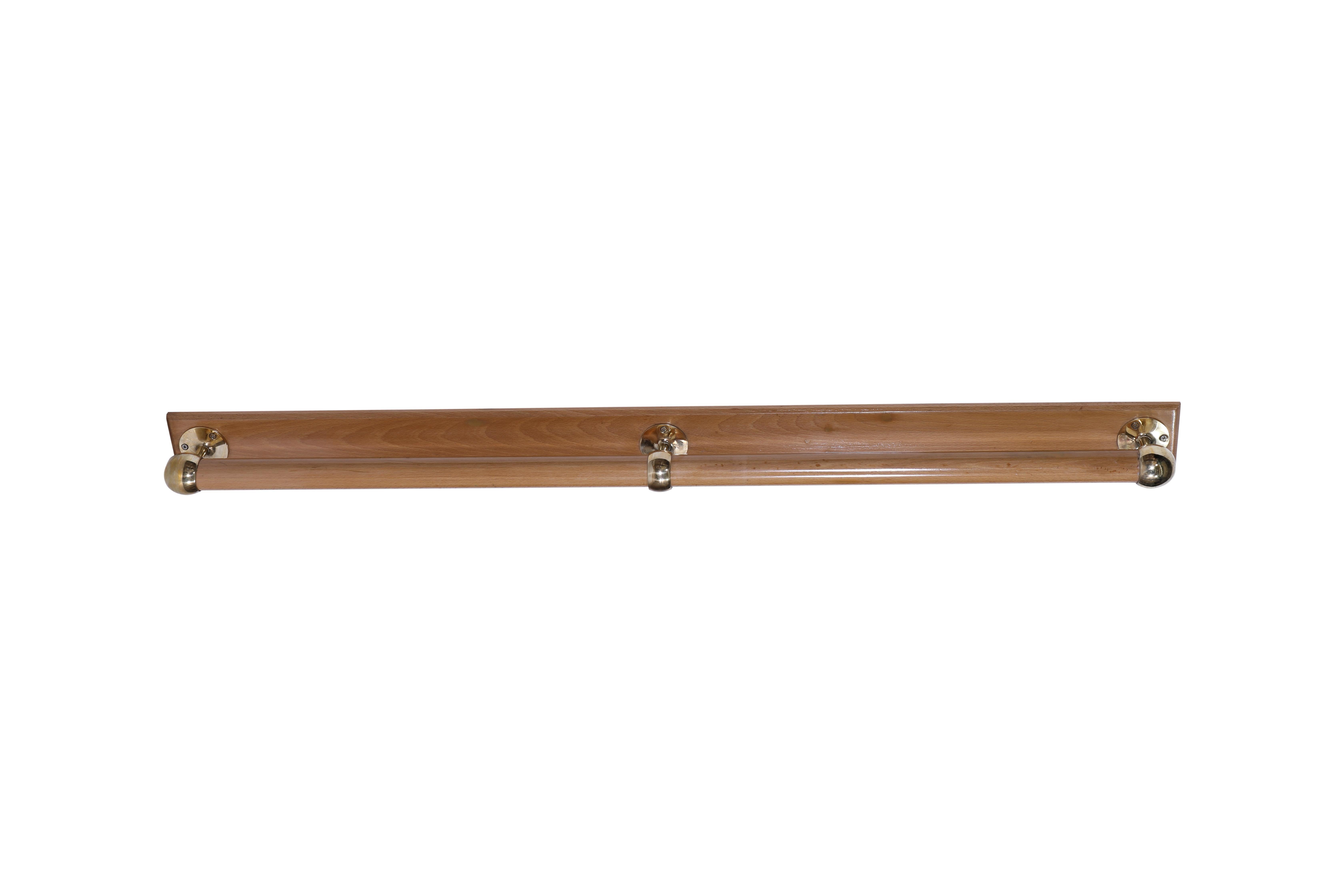 A group of teak hand rails on teak backplates with brass hardware.  As of this writing there are at least 6 pieces in this 4 1/2' length.  There is also one that is 6.6