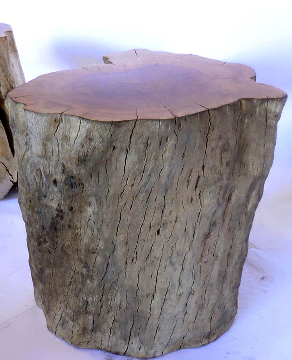 Great looking teak stump that can be used as a side table, stool or plant stand. Polished top, raw wood sides.