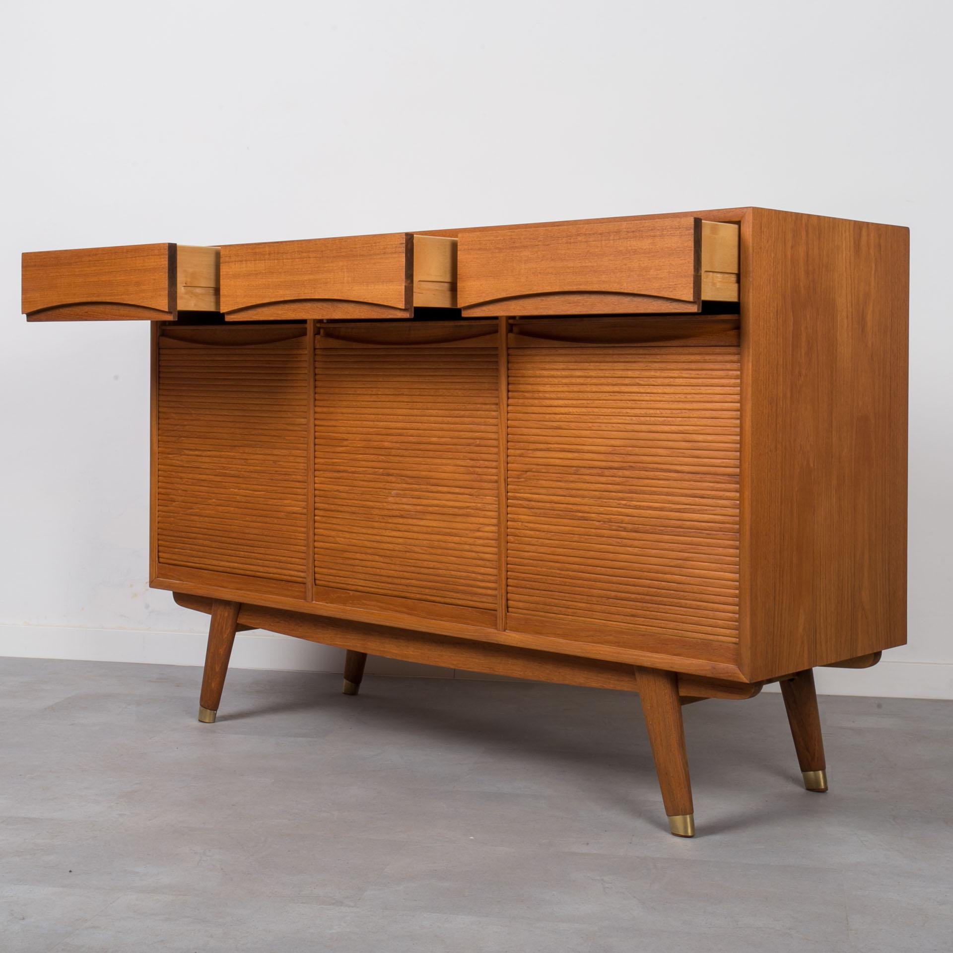 Teak Sideboard with tambour doors, Norway, 1960s In Good Condition In Wrocław, Poland
