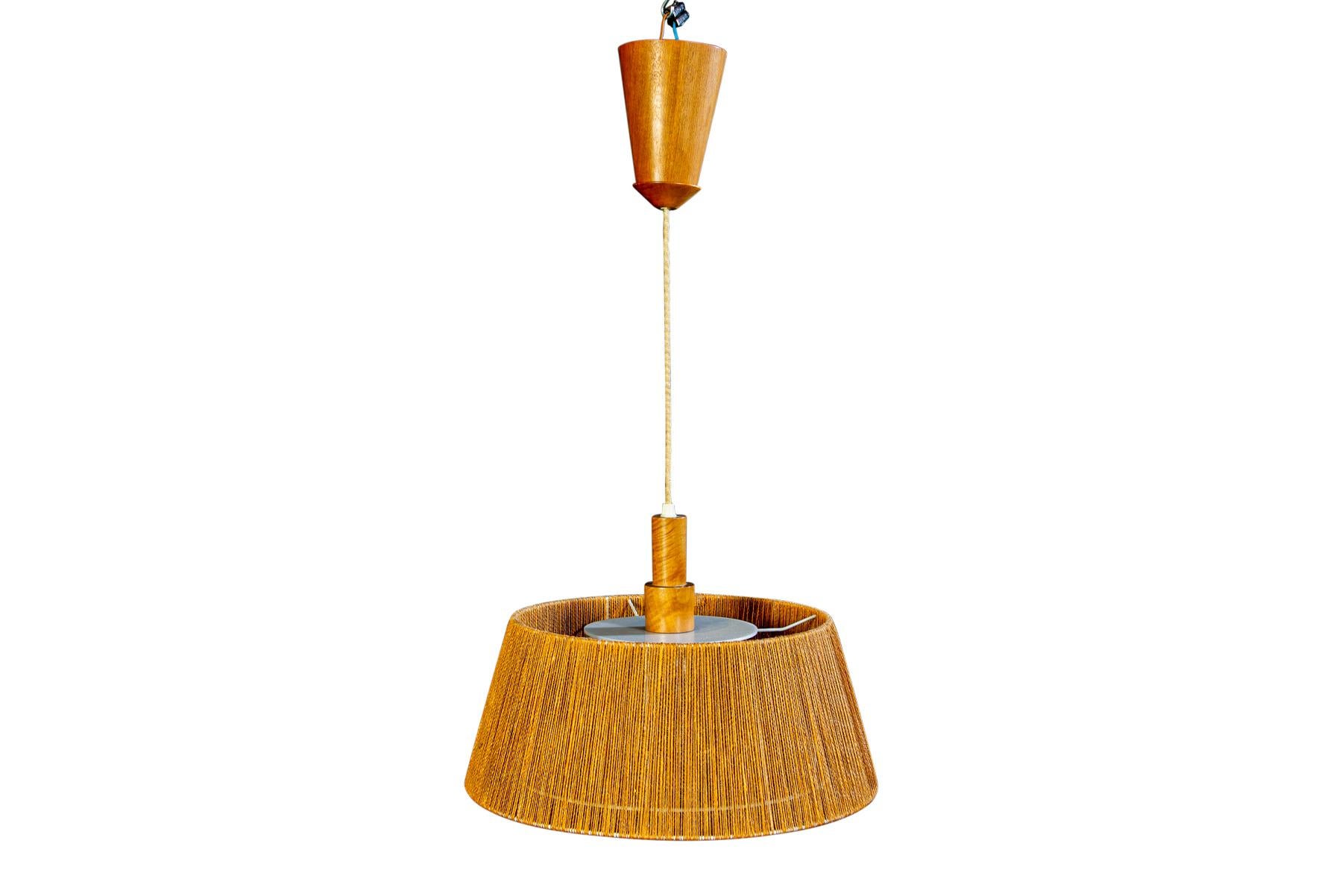 Mid-Century Modern Teak + Sisal Pendant Lamp by Temde For Sale