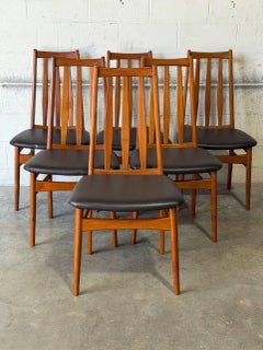 Teak Slat Back Dining Chairs Set of 6 in Black Upholstery Danish Vintage 1970s