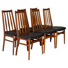 Teak Slat Back Dining Chairs Set of 6 in Black Upholstery Danish Vintage 1970s