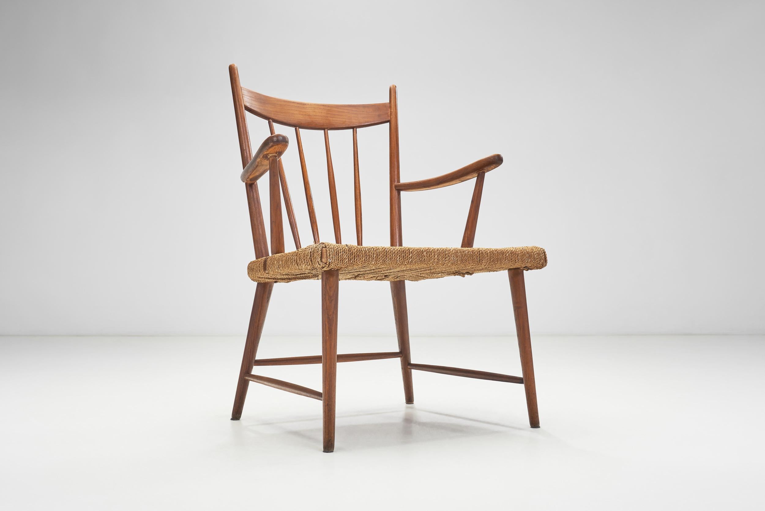 Teak Slatback Chair with Woven Danish Cord Seat, Denmark ca 1960s For Sale 5