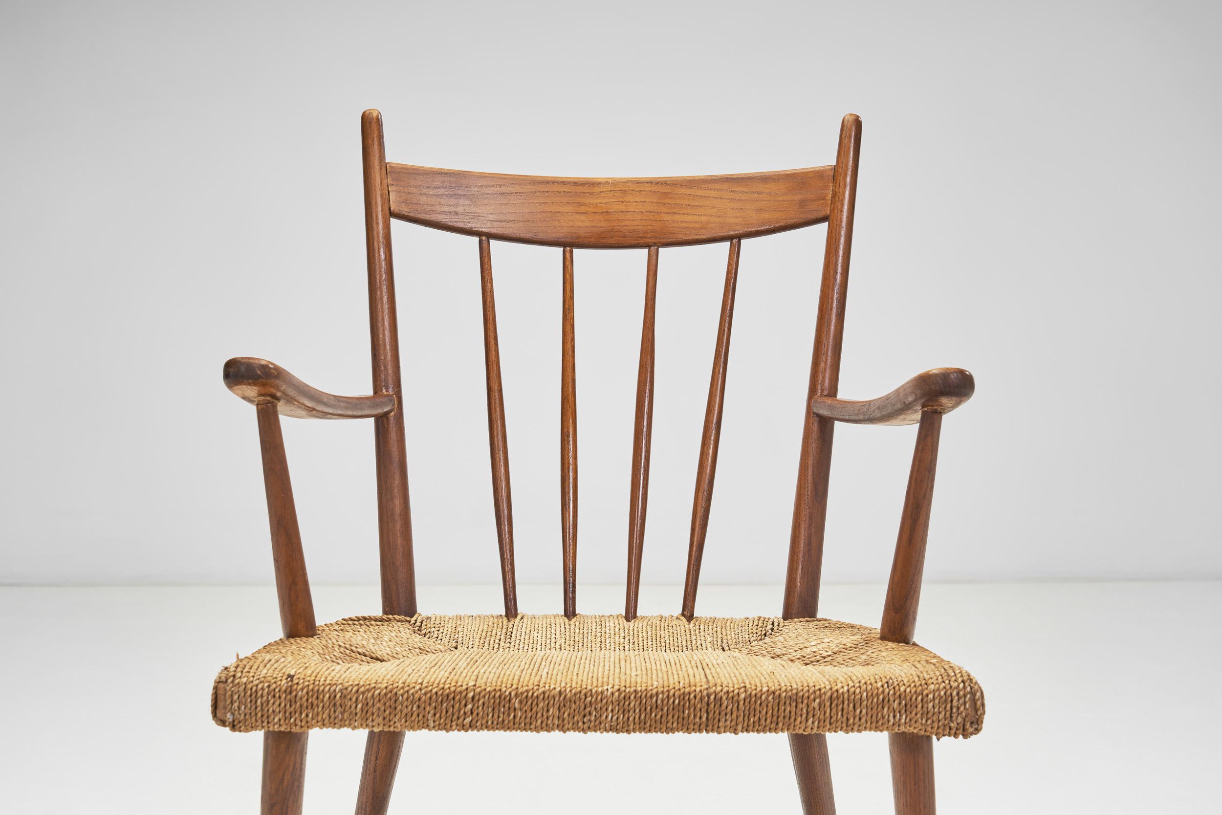 Teak Slatback Chair with Woven Danish Cord Seat, Denmark ca 1960s For Sale 6