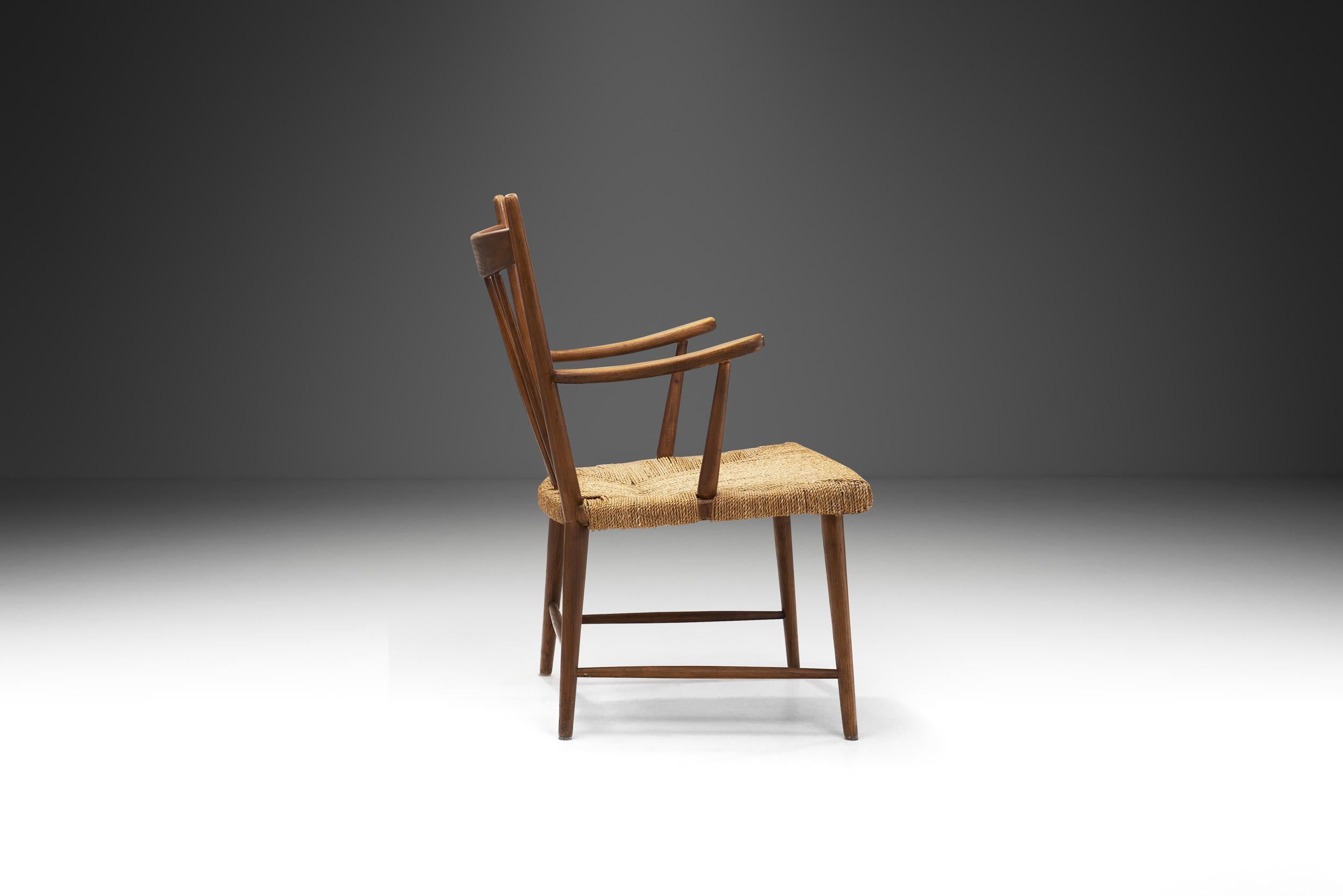 Mid-Century Modern Teak Slatback Chair with Woven Danish Cord Seat, Denmark ca 1960s For Sale