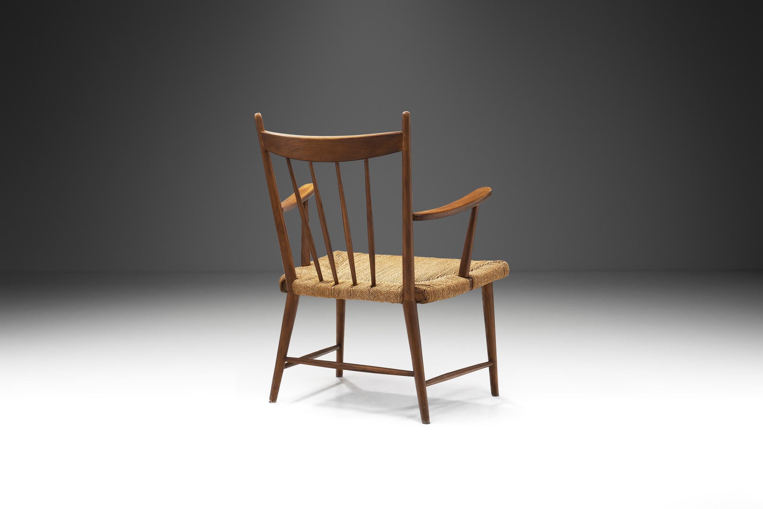 Teak Slatback Chair with Woven Danish Cord Seat, Denmark ca 1960s In Good Condition For Sale In Utrecht, NL