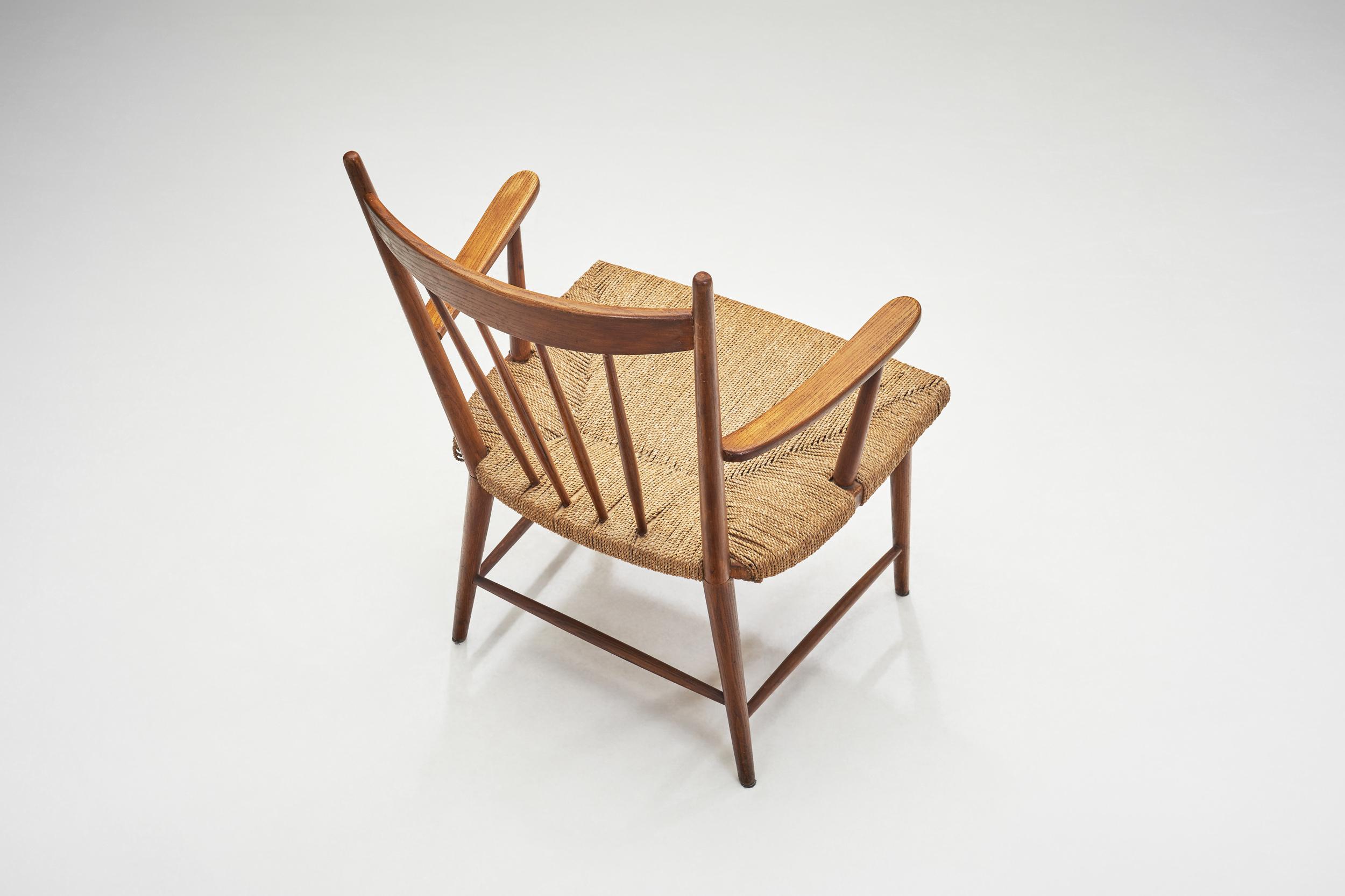 Mid-20th Century Teak Slatback Chair with Woven Danish Cord Seat, Denmark ca 1960s