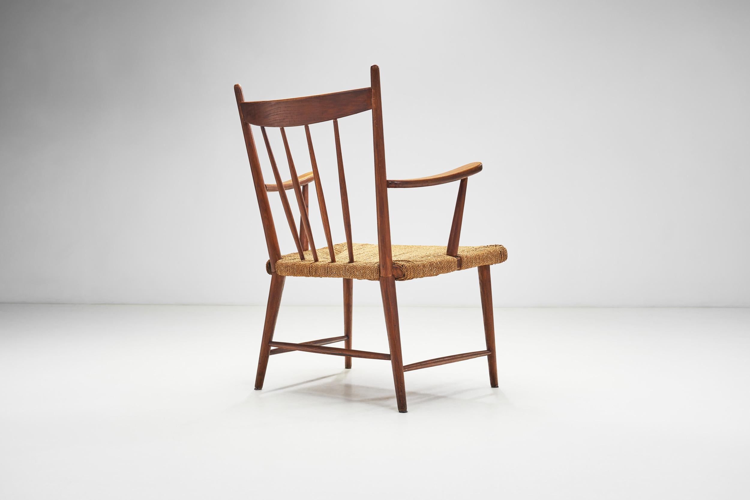 Teak Slatback Chair with Woven Danish Cord Seat, Denmark ca 1960s For Sale 1