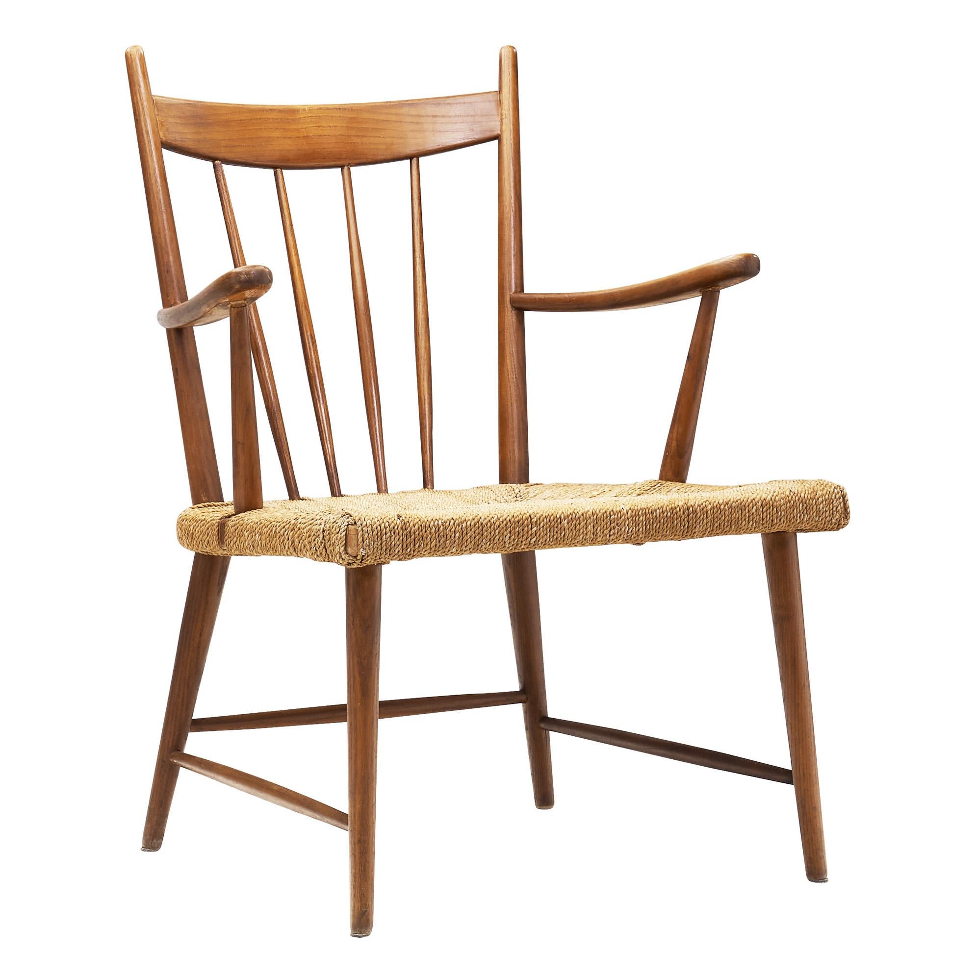 Teak Slatback Chair with Woven Danish Cord Seat, Denmark ca 1960s For Sale