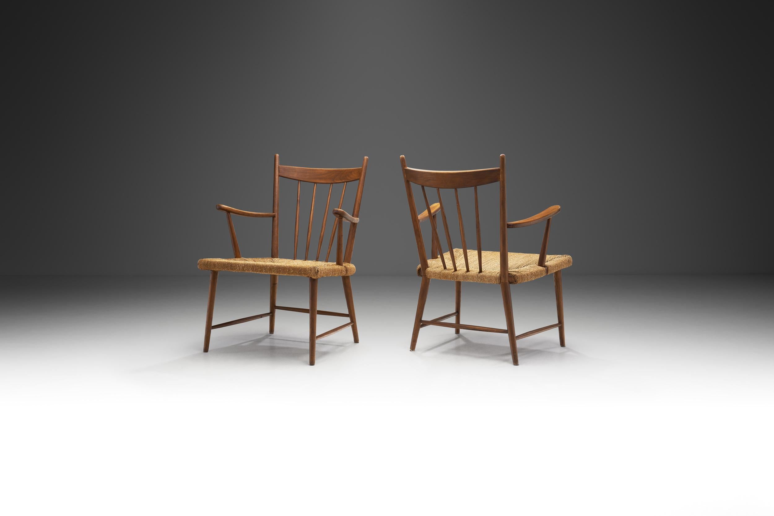 Mid-20th Century Teak Slatback Chairs with Woven Danish Cord Seats, Denmark ca 1960s For Sale