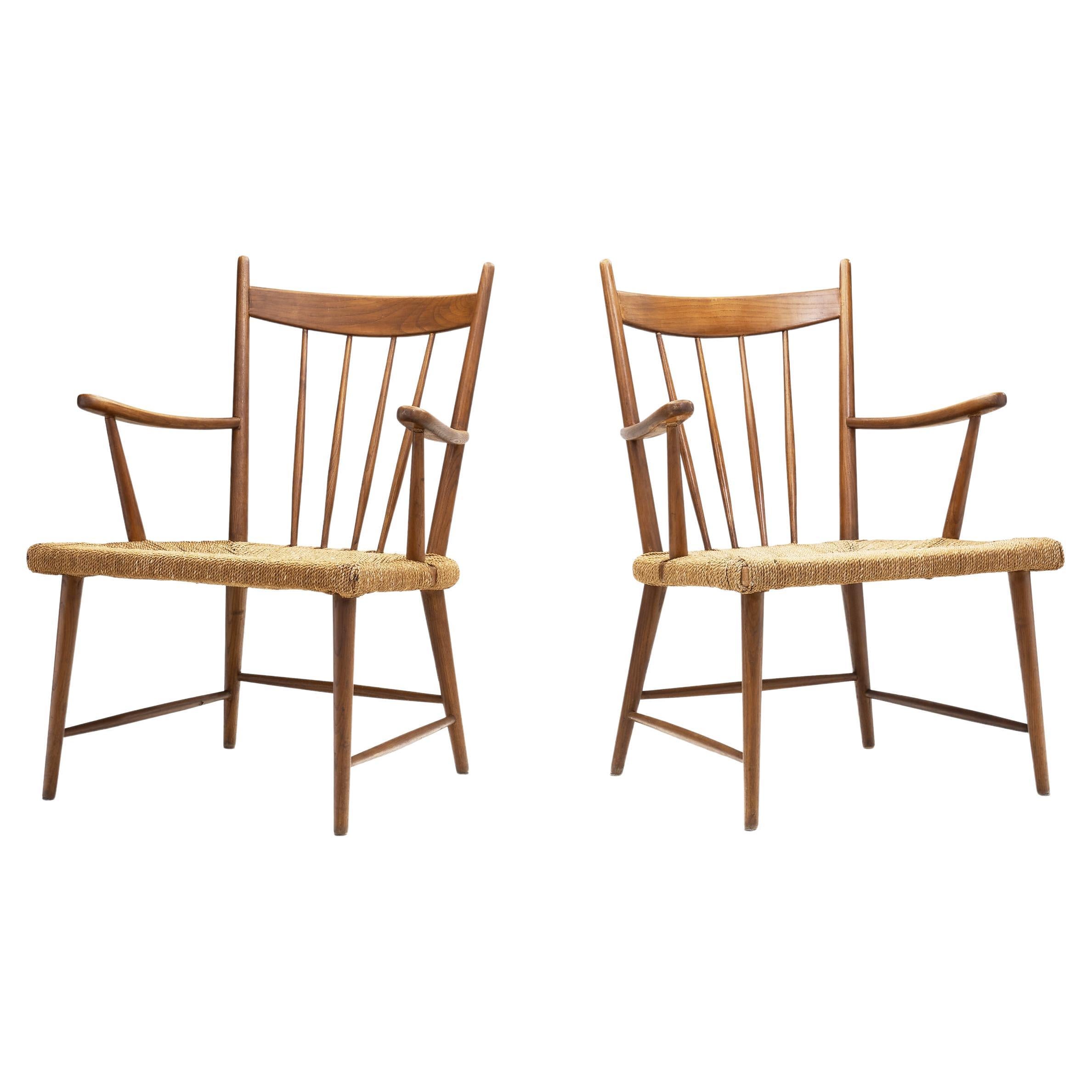 Teak Slatback Chairs with Woven Danish Cord Seats, Denmark ca 1960s For Sale