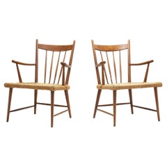Used Teak Slatback Chairs with Woven Danish Cord Seats, Denmark ca 1960s