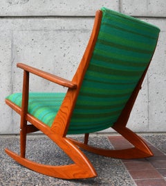 Teak Soren Georg Jensen Wishbone Rocking Chair Green Striped Wool, Denmark