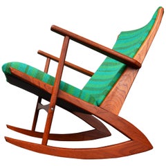 Teak Soren Georg Jensen Wishbone Rocking Chair Green Striped Wool, Denmark