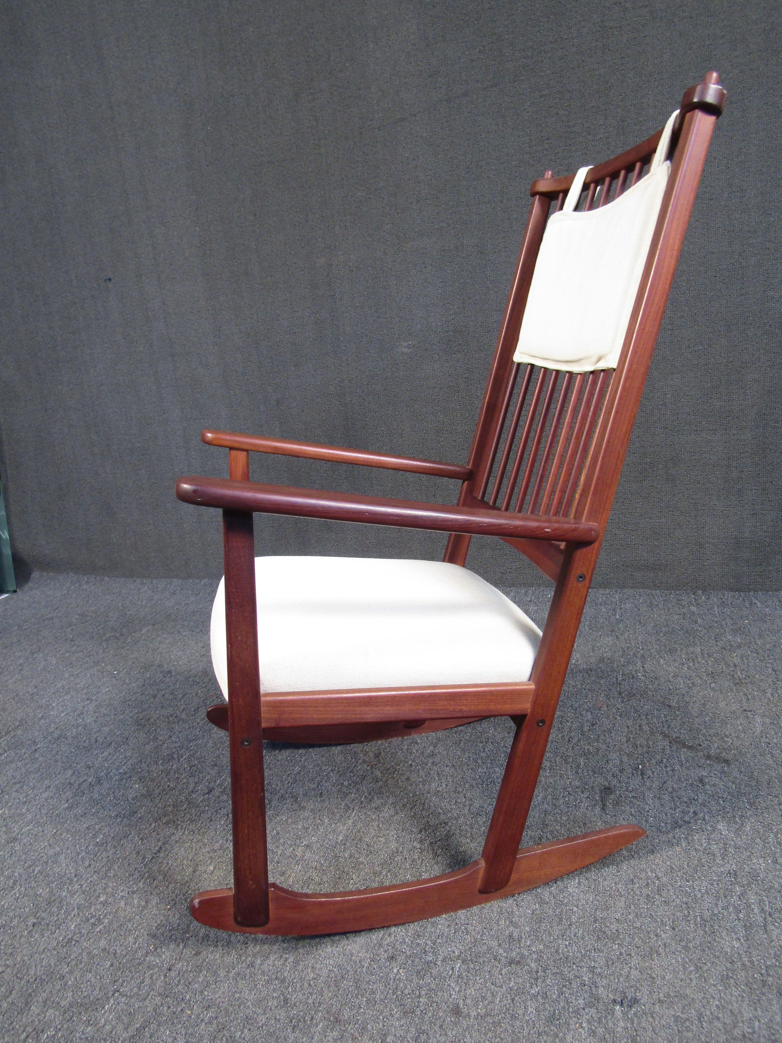 Upholstery Teak Spindle Back Rocking Chair For Sale