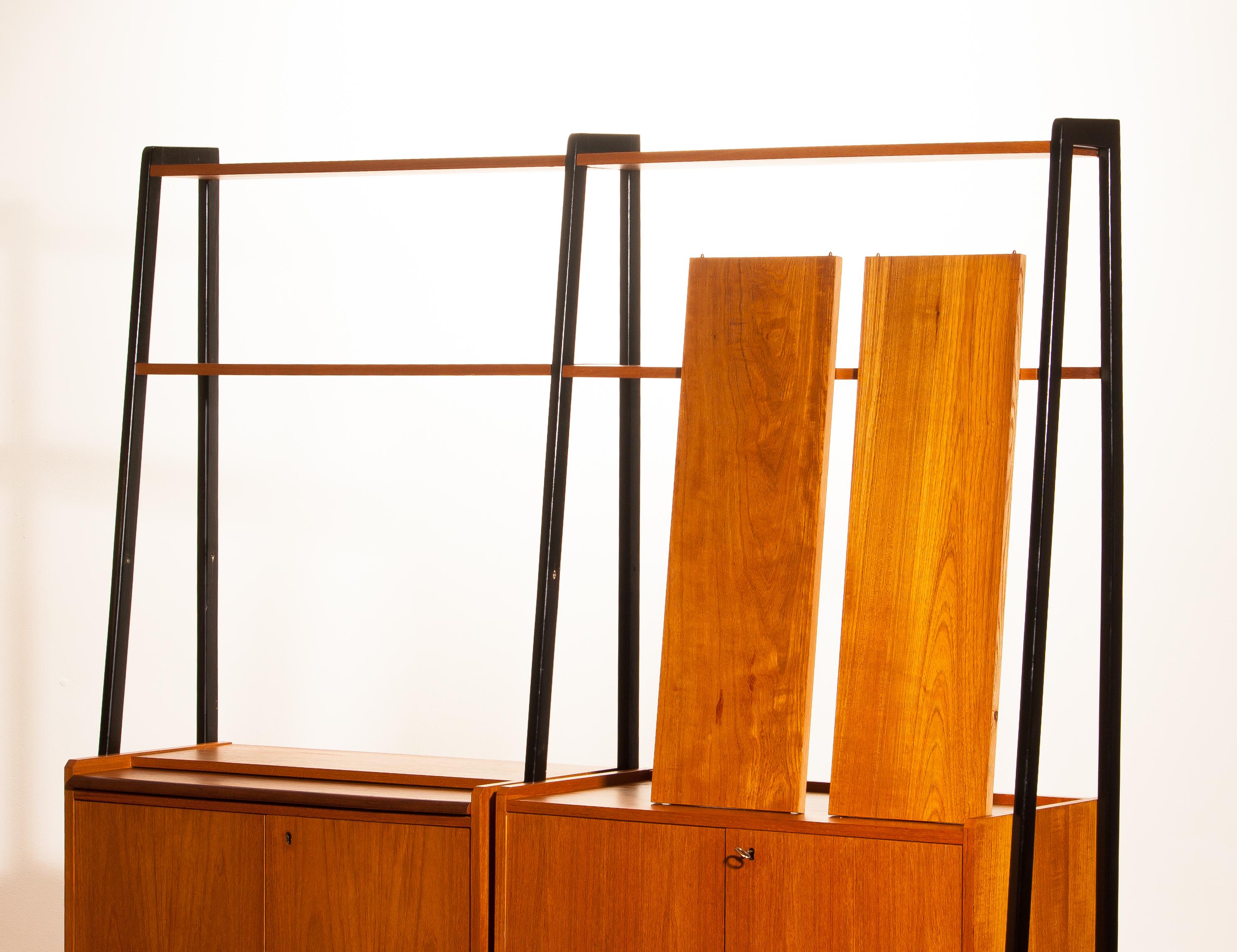 Teak Swedish Double Bookcase or Secretaire with Black Stands, 1950s 8