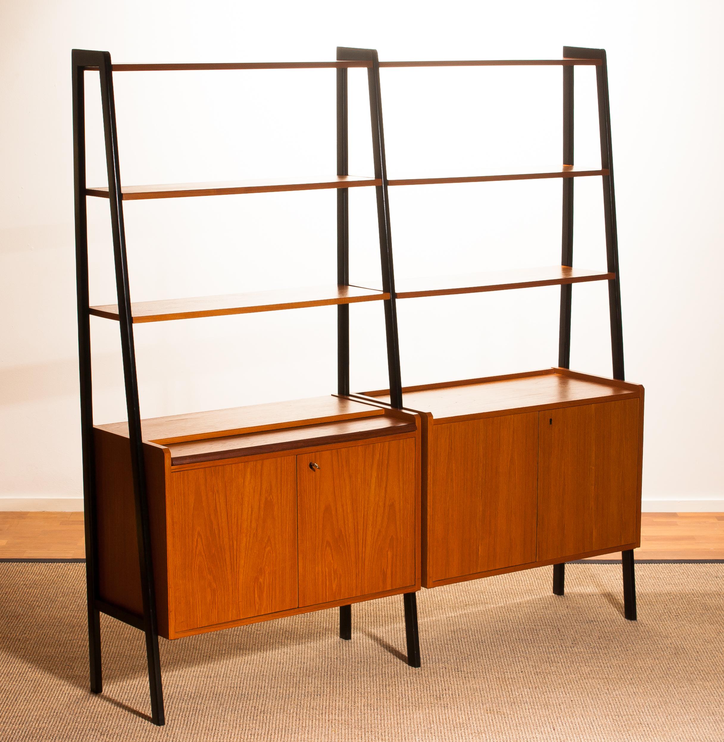 Teak Swedish Double Bookcase or Secretaire with Black Stands, 1950s 10