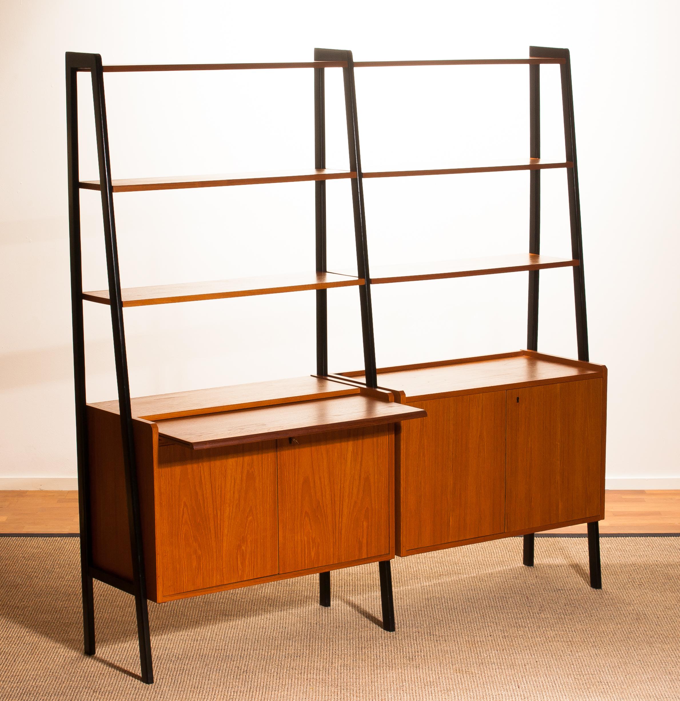 Mid-Century Modern Teak Swedish Double Bookcase or Secretaire with Black Stands, 1950s