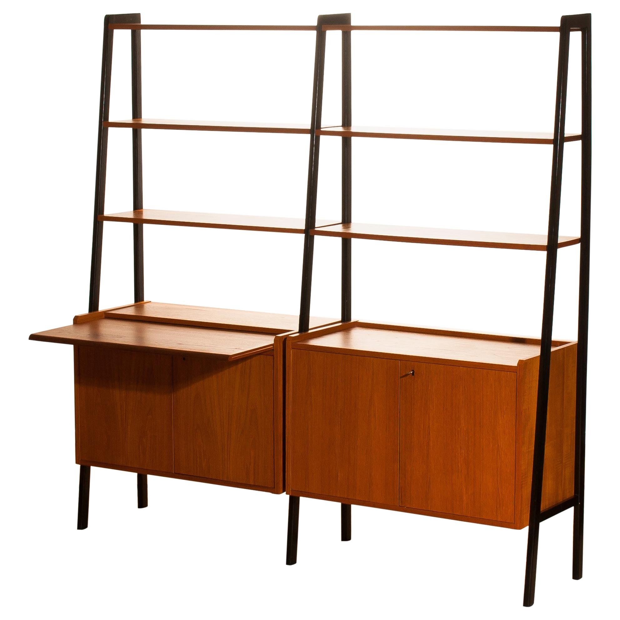 Mid-Century Modern Teak Swedish Double Bookcase And Secretaire with Black Stands, 1950s