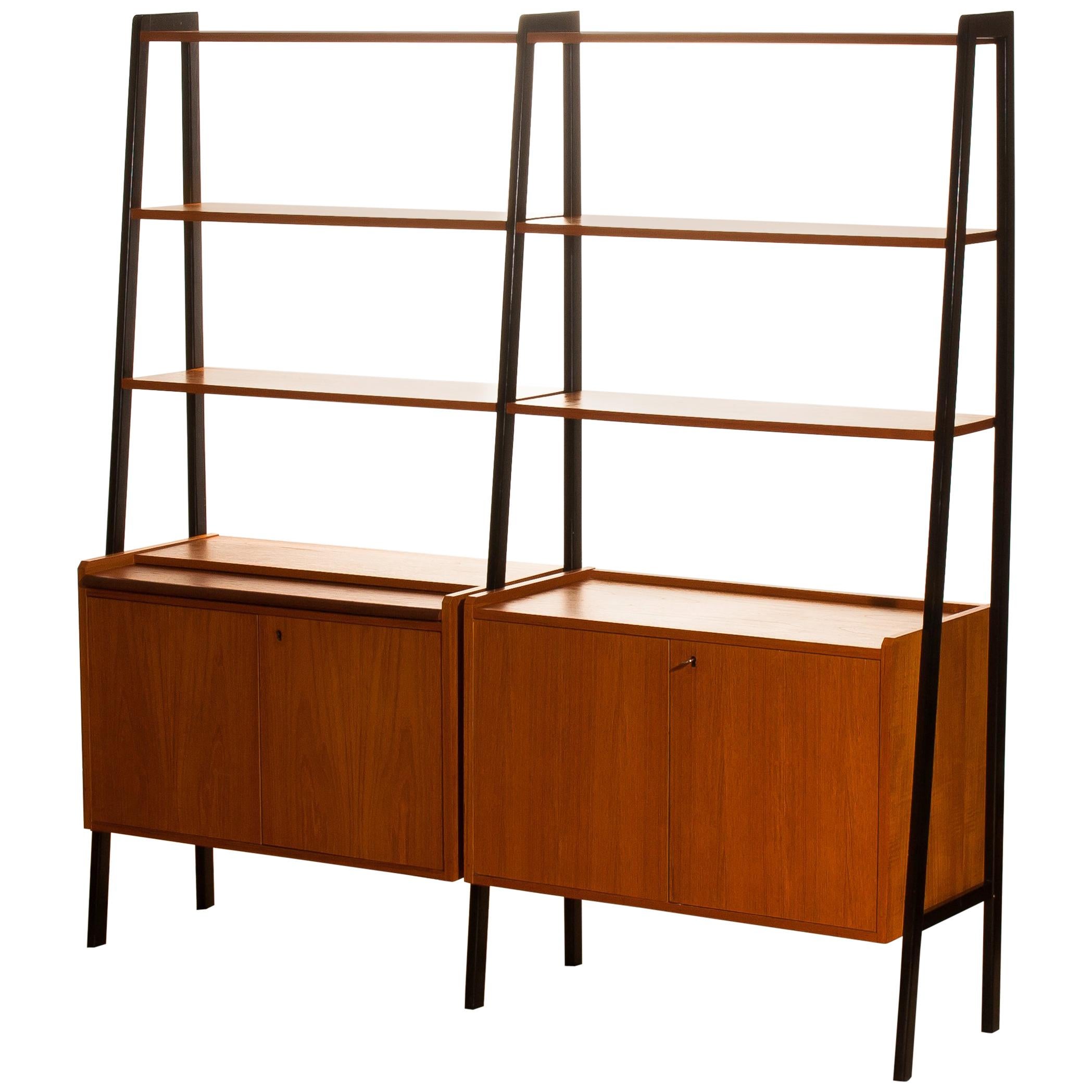 Teak Swedish Double Bookcase And Secretaire with Black Stands, 1950s In Good Condition In Silvolde, Gelderland