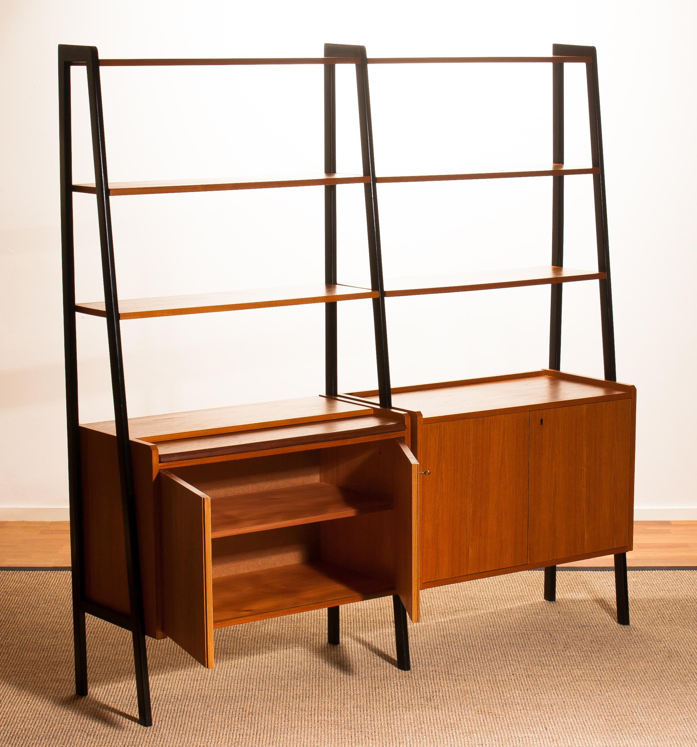 Mid-20th Century Teak Swedish Double Bookcase And Secretaire with Black Stands, 1950s