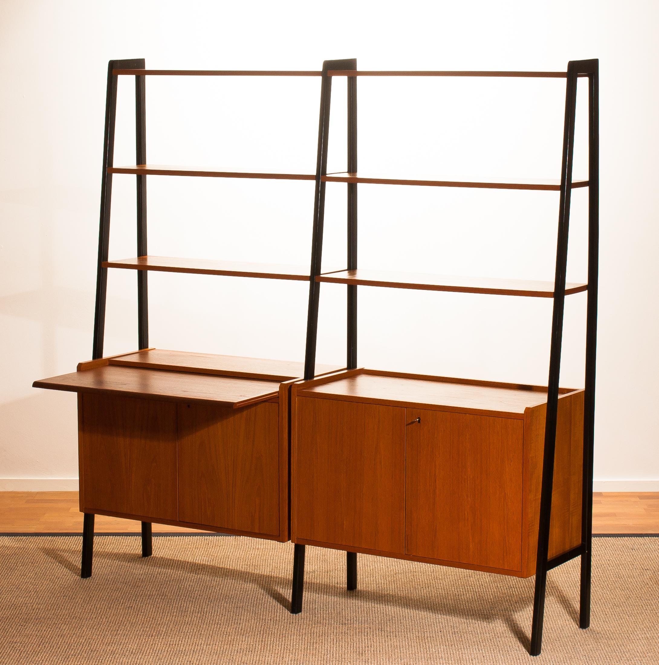 Teak Swedish Double Bookcase or Secretaire with Black Stands, 1950s 1