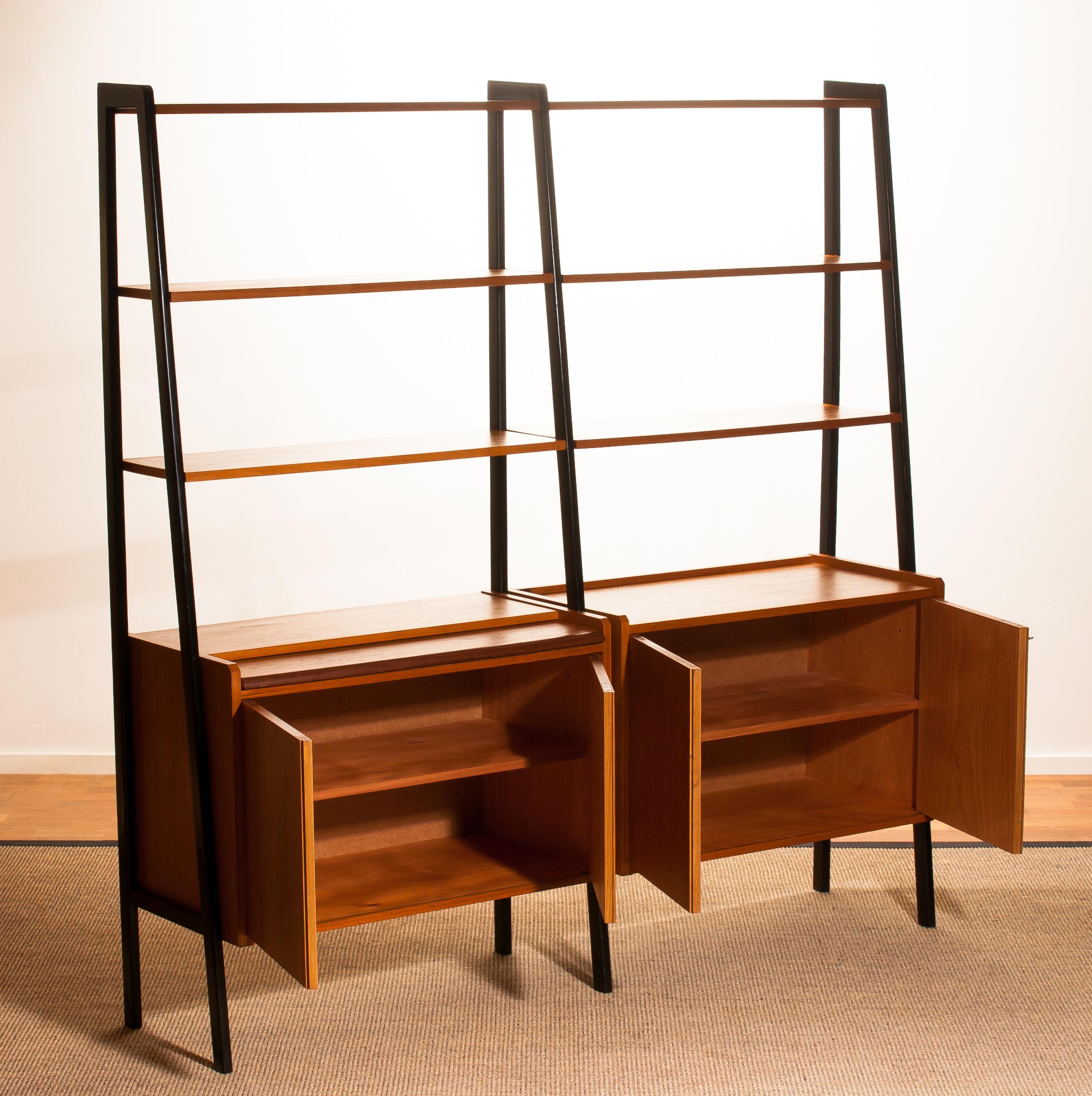 Teak Swedish Double Bookcase And Secretaire with Black Stands, 1950s 1