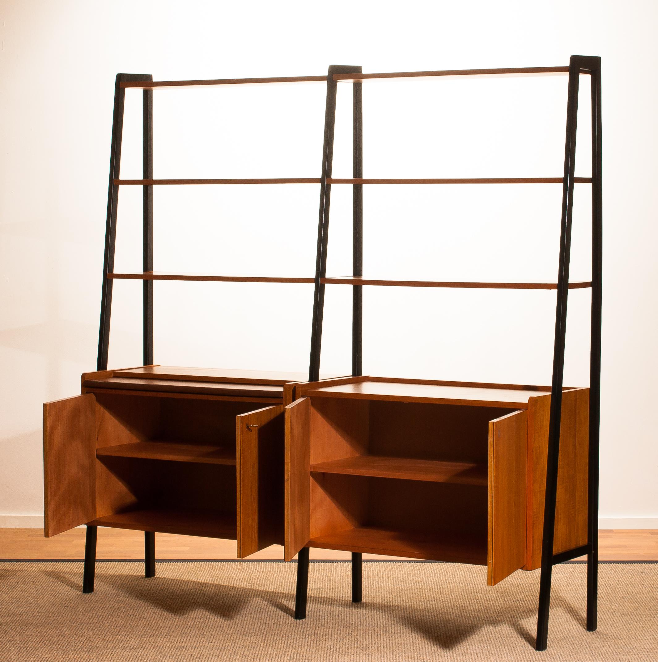 Teak Swedish Double Bookcase or Secretaire with Black Stands, 1950s 2