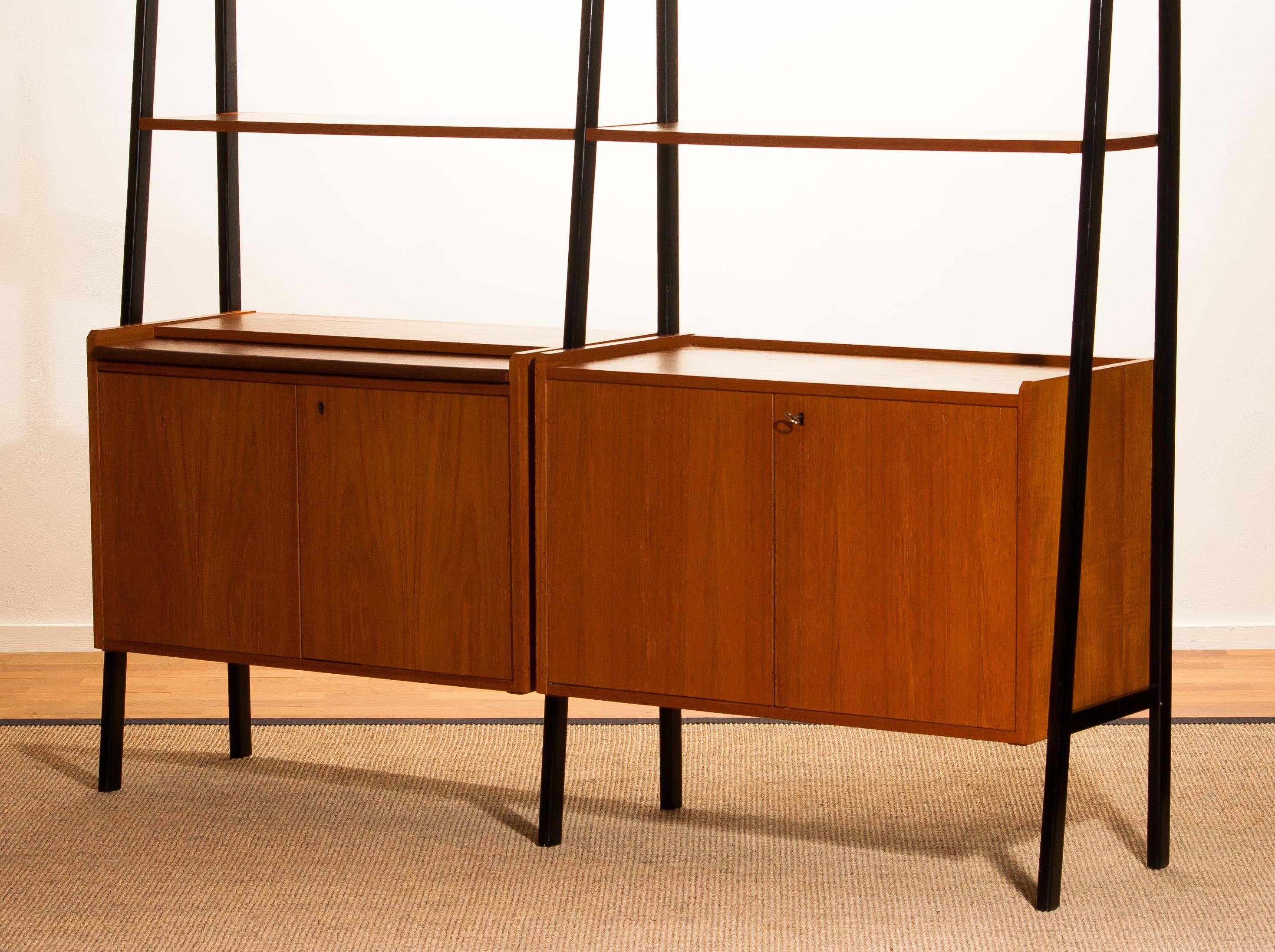 Teak Swedish Double Bookcase And Secretaire with Black Stands, 1950s 3