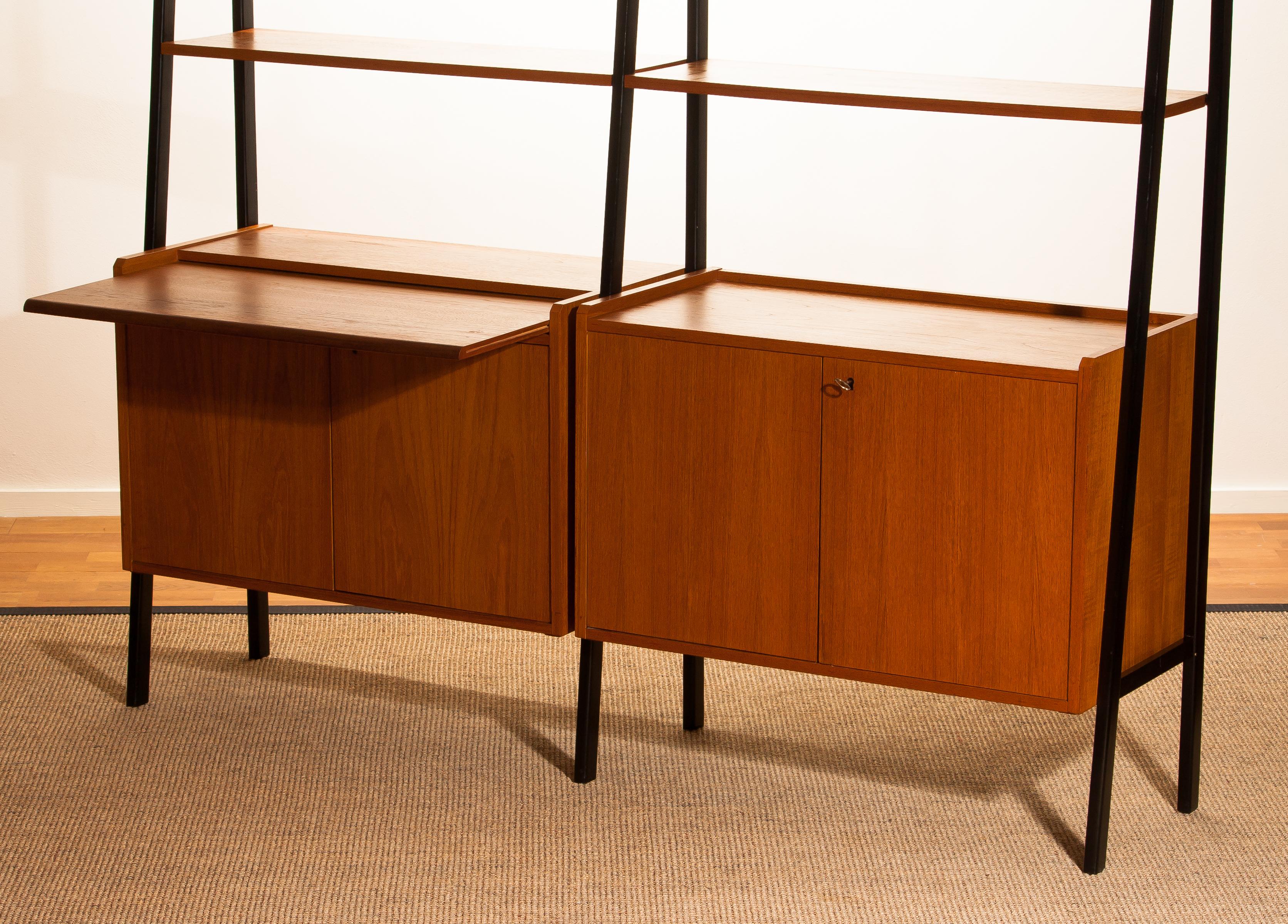 Teak Swedish Double Bookcase or Secretaire with Black Stands, 1950s 4