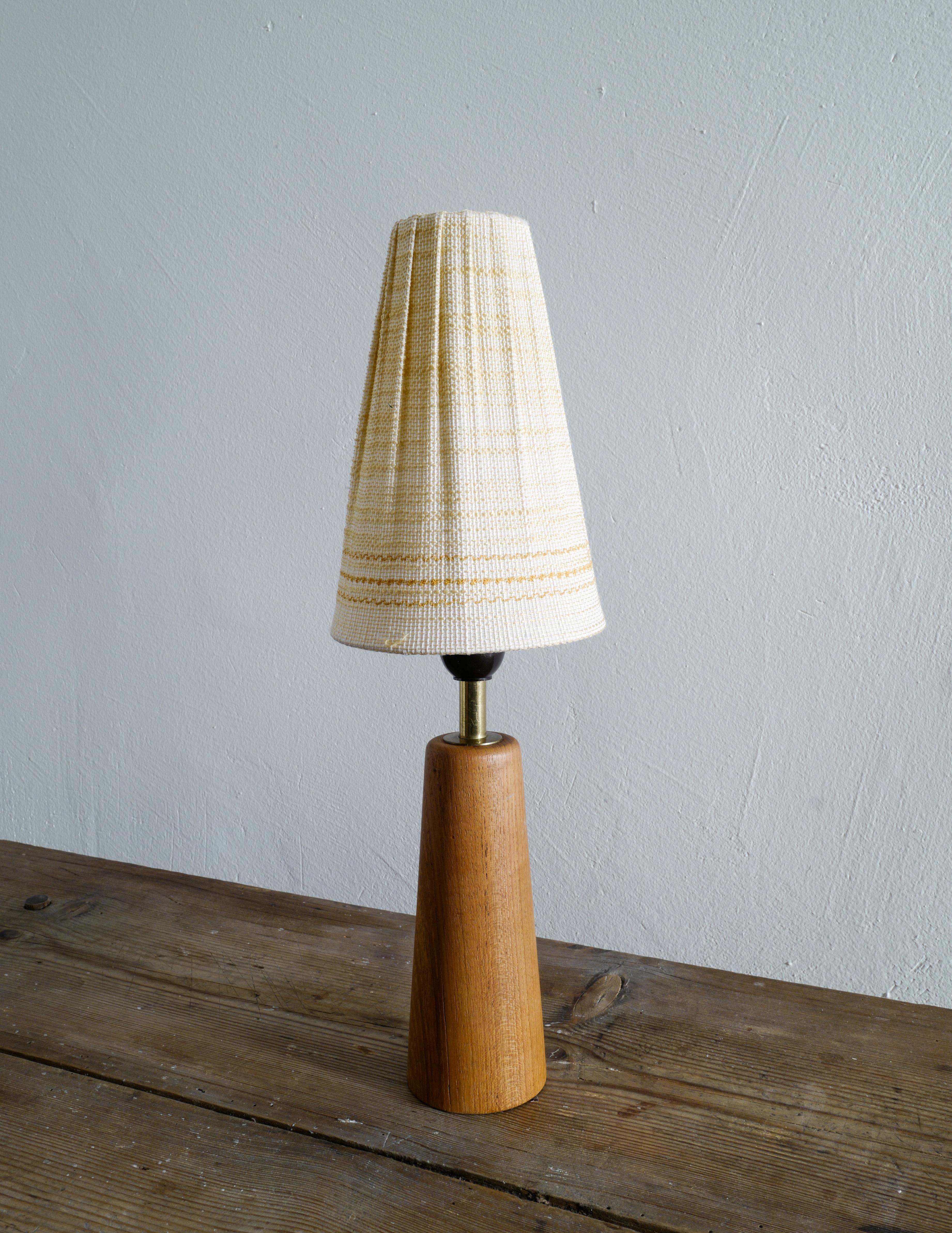 Rare table lamp in stained teak and brass designed by Lisa Johansson-Pape produced in Finland ca 1950s. In good vintage condition with minimal signs of use. Shade is included in the purchase. Dimensions: 45 x 14 cm with the shade and 28, 5 x 7 cm