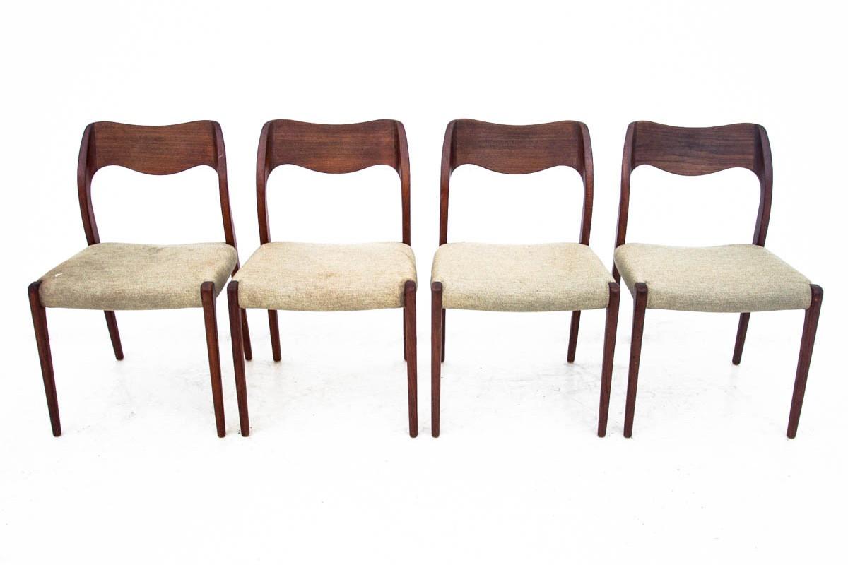 Scandinavian Modern Teak N. O. Moller Chairs with Table, Denmark, 1960s