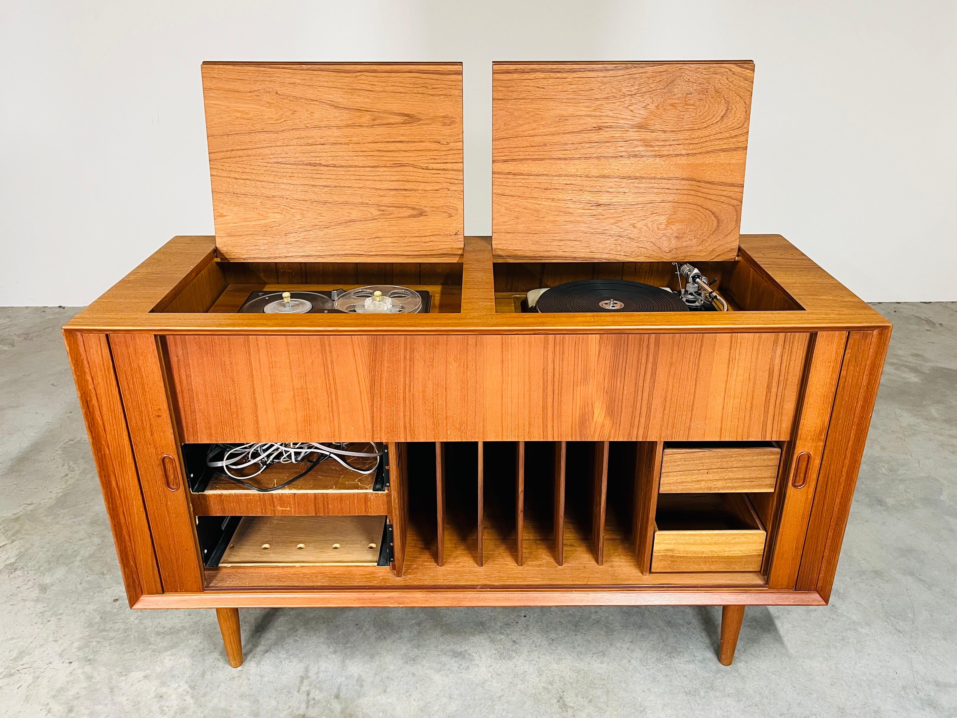 Teak Tambour Door Stereo Console Cabinet By Arne Vodder With Thorens Turntable 1