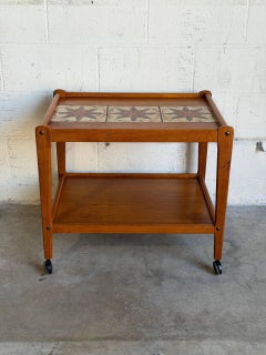 Teak Tile-Top Rolling Bar Cart Danish Mid-Century Modern Tea Trolley 1960s