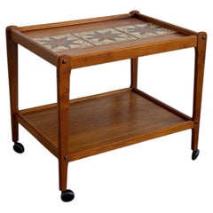 Teak Tile-Top Rolling Bar Cart Danish Mid-Century Modern Tea Trolley 1960s