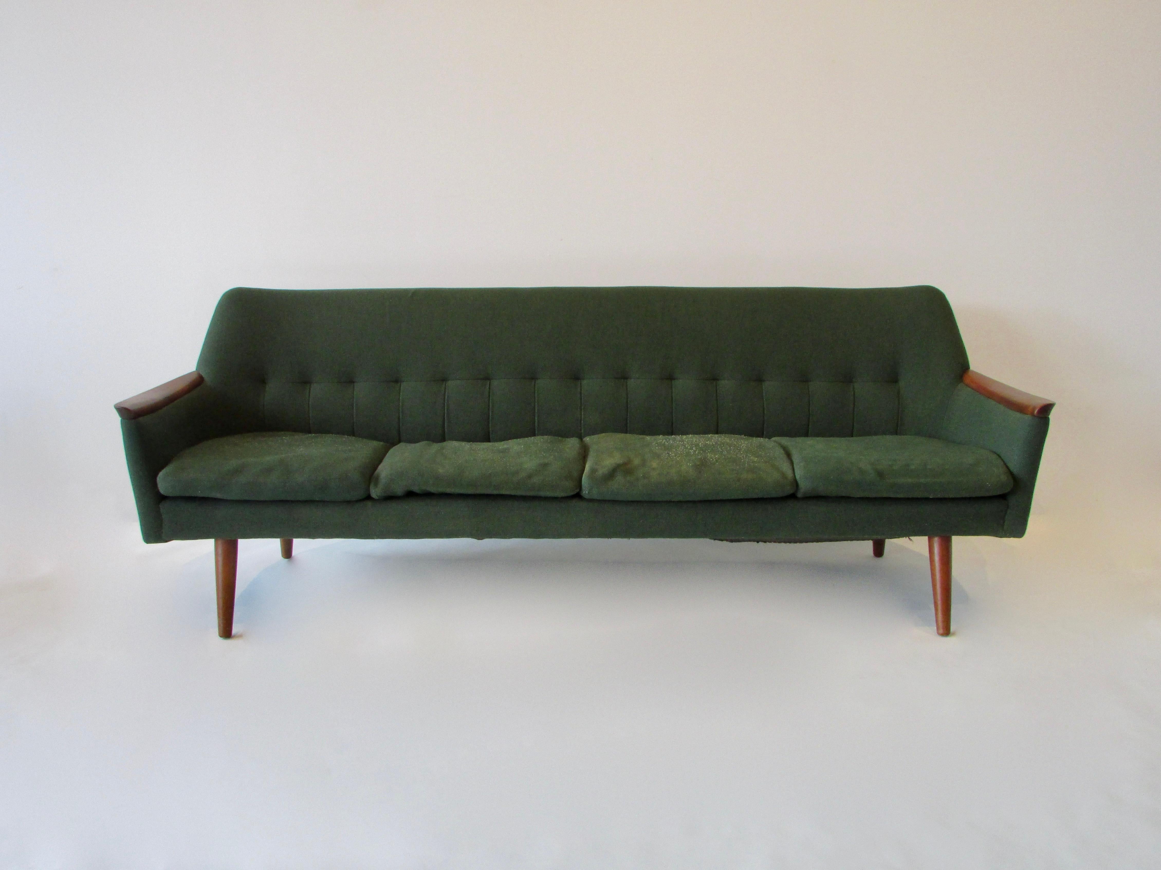 Wool Teak Trimmed Hans Wegner Style Danish Couch as Found Original Condition