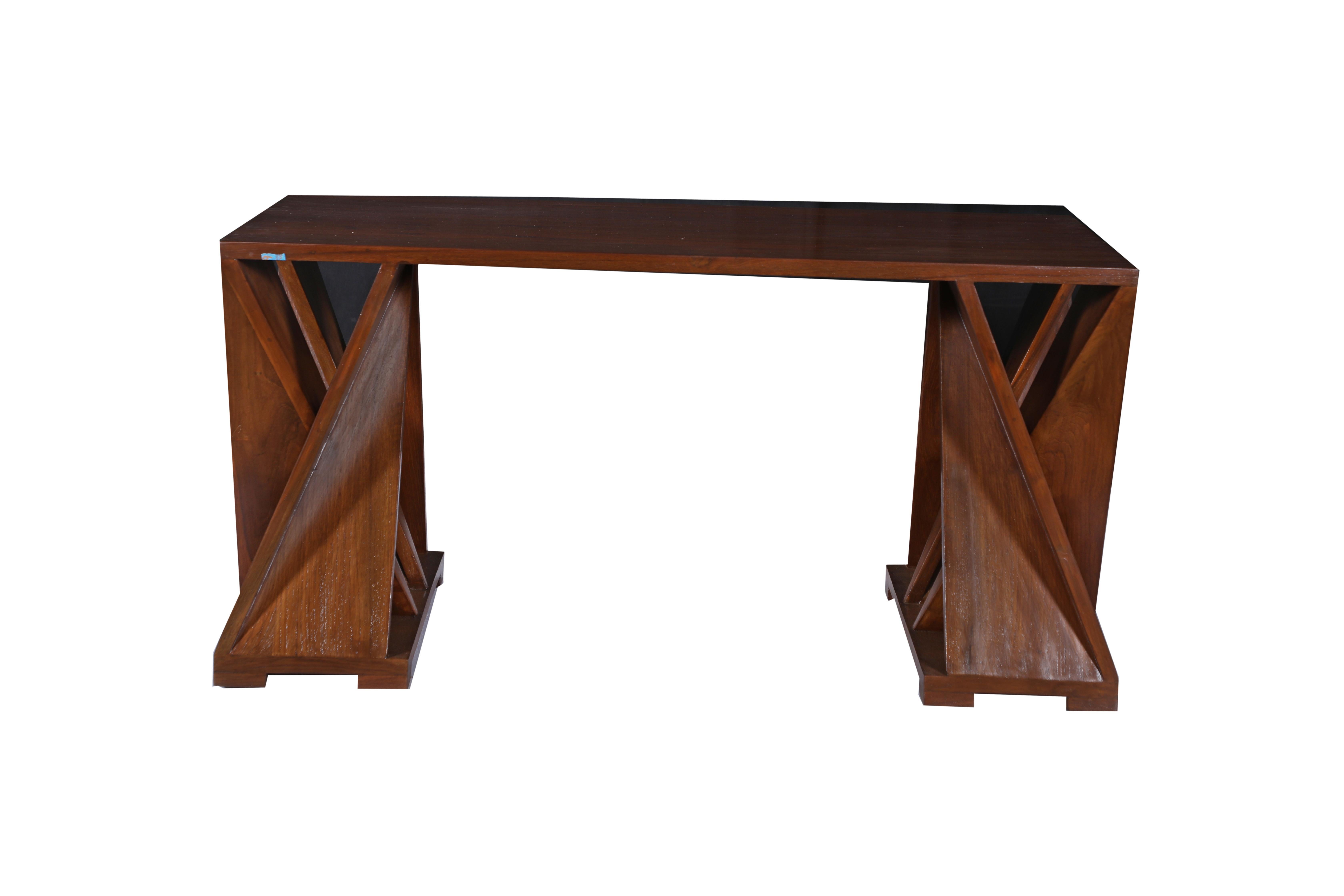 A teak coffee table or bench with intricate twisted and angled supports as the table legs. It has an architectural aesthetic with dimension and interest. Use as a sofa coffee table or a bench. 21st century.