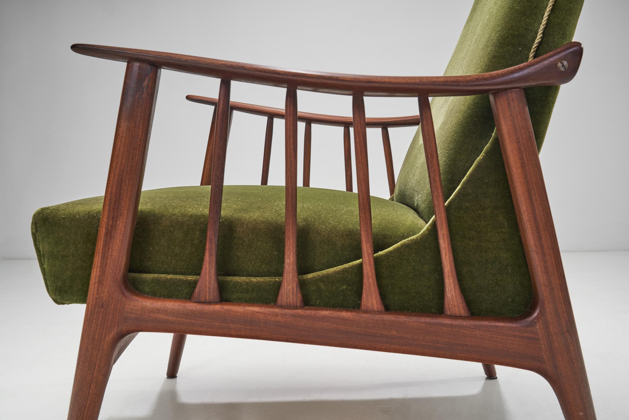 Teak Upholstered Armchairs with Slat Armrests, Denmark 1960s For Sale 3