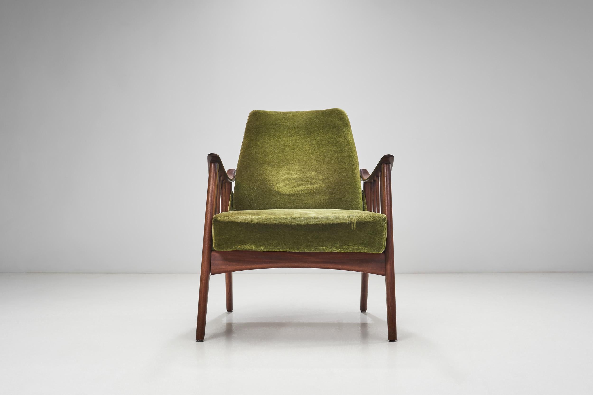 Teak Upholstered Armchairs with Slat Armrests, Denmark 1960s For Sale 5