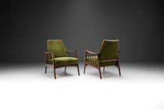 Teak Upholstered Armchairs with Slat Armrests, Denmark 1960s