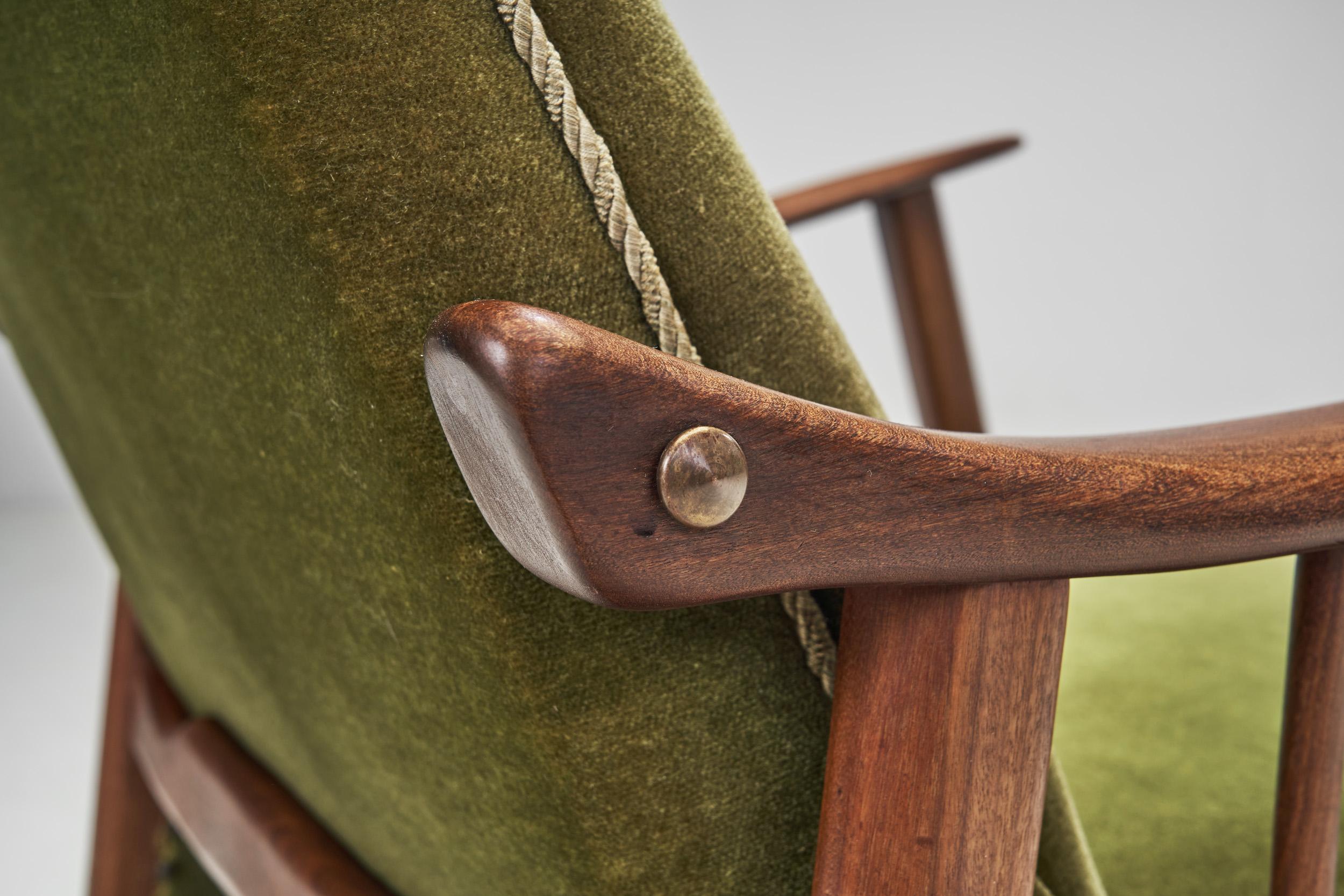 Teak Upholstered Armchairs with Slat Armrests, Denmark 1960s For Sale 2