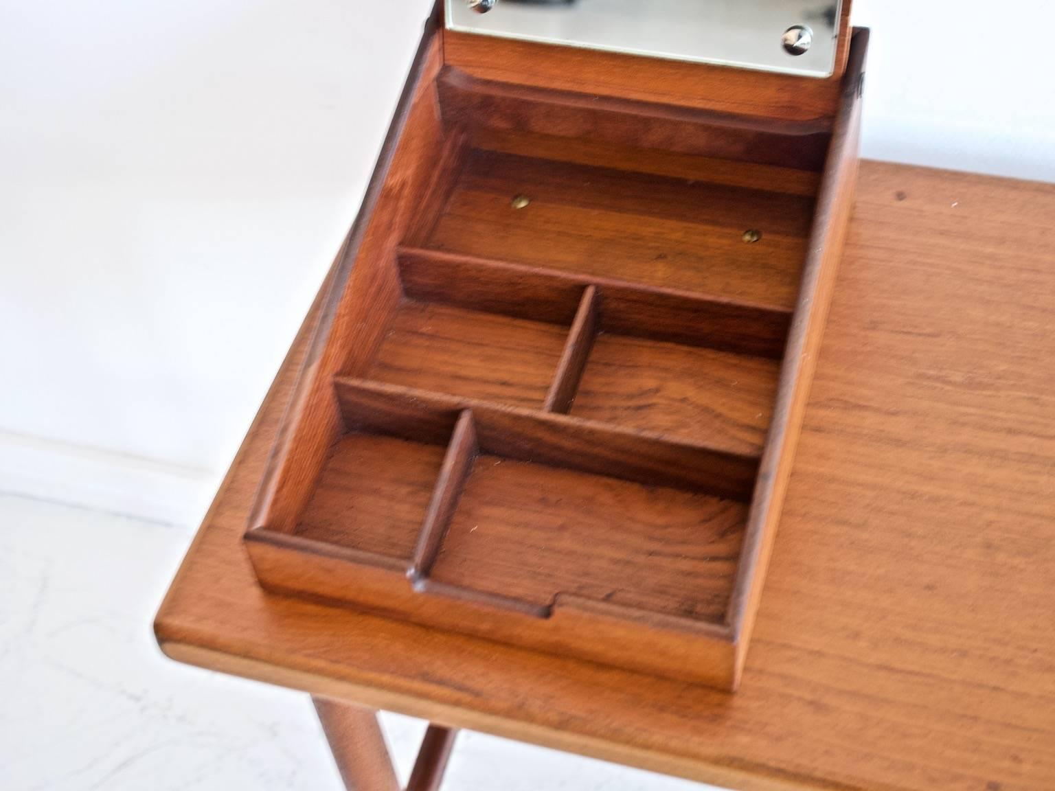 Scandinavian Modern Teak Vanity Table with Mirror and Compartments
