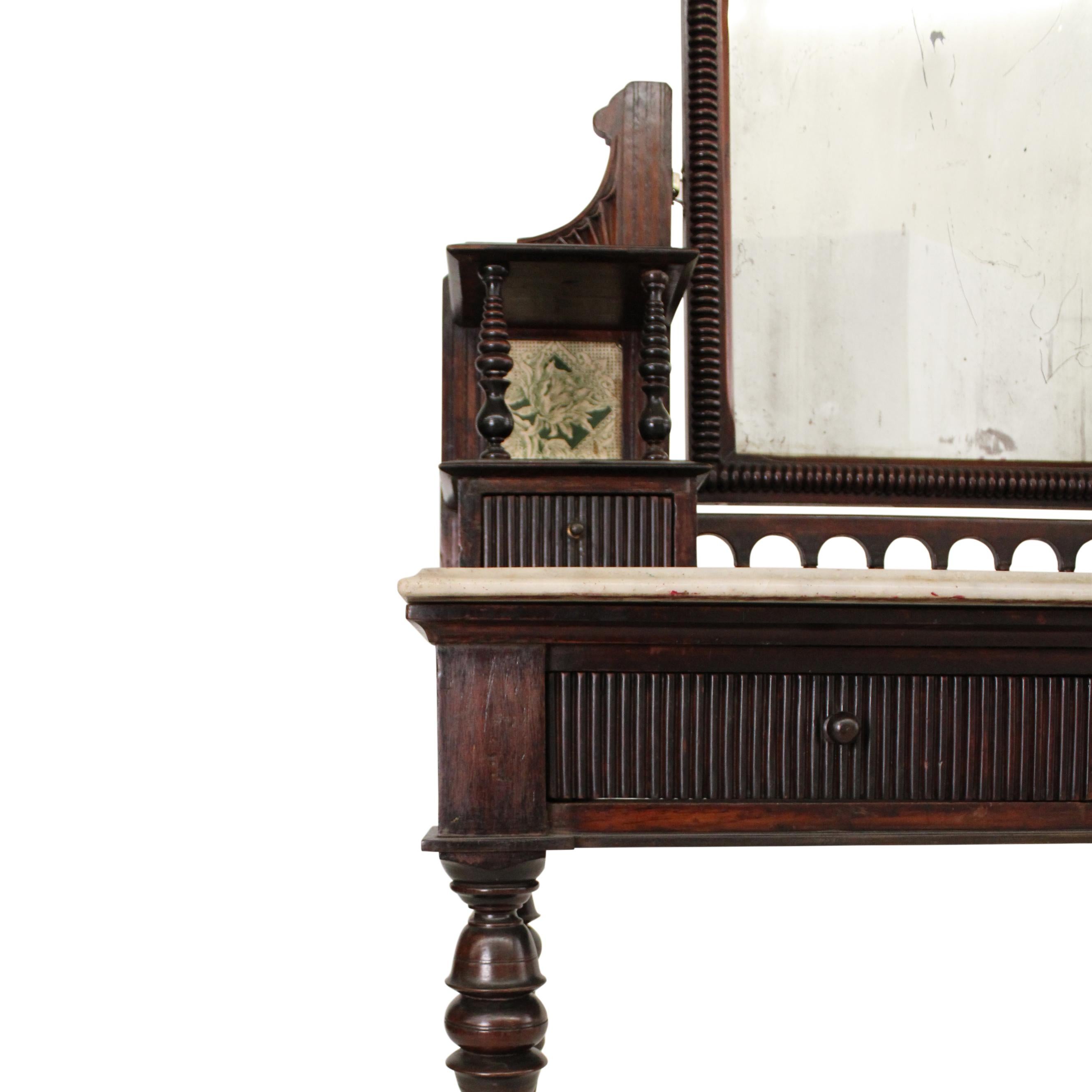 Hand-Carved Teak Victorian Marble Topped Dressing Table For Sale