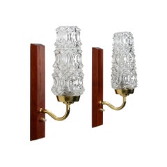 Retro Teak Wall Lights ‘Pair’, 1950s Danish Sconces with Pressed Glass, Brass and Teak