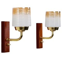 Teak Wall Lights 'Pair', 1950s Scandinavian Sconces with Glass, Brass and Teak